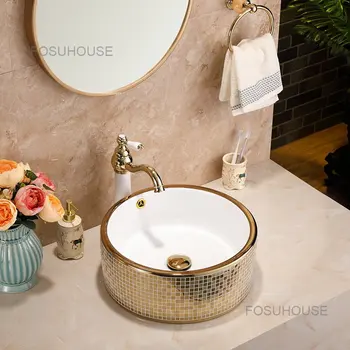 Kruhový Domácnosti Umývadlá Americký Keramické Umývadlo Gold Platformu Umývadlo Márnosť Kúpeľňa Umývadlá Kuchynský Drez Na Umývanie