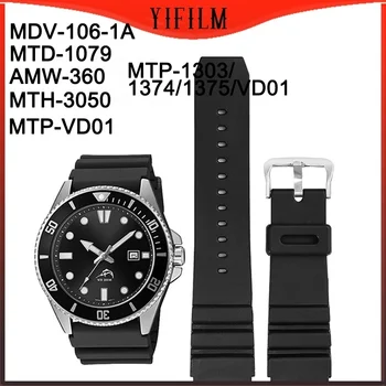 22 mm Silikónové Popruh Watchband Pre Casio MDV-106-1A MTD-1079 AMW-360 MTH-3050 MTP-VD01 MTP-1303/1374/1375/VD01 Čierny Náramok