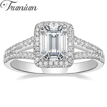 Trumium 2CT Zásnubné Prstene pre Ženy Emerald Rez 5a Cubic Zirconia Svadobné Kapela Zakrivené Halo Promise Ring Večnosti Šperky