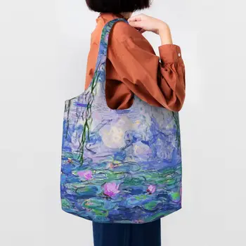 Kawaii Claude Monet Lekná Nakupovanie Tote Bag Recyklácie Záhrady Maľby Potraviny Plátno Shopper Taška Cez Rameno, Kabelka