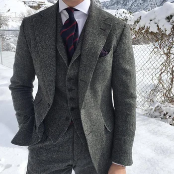 Sivý Vlnený Tweed Zimné Mužov Oblek Na Svadbu Formálne Ženícha Smoking pričom Uhlopriečny Mužskej Módy 3 Ks (Bunda +Vesta +Nohavice+Kravatu)