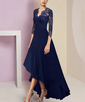 Elegantné Hi-Lo Blue Satin Matka Nevesty/Ženícha Šaty Aysmmetrical Čipky Svadobný Hosť Formálne Víla Šaty pre Ženy