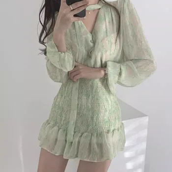 Vintage francúzskej Tlače Dlhý Rukáv Šifón Šaty Pre Ženy, tvaru A-line Záhyby Zelená Sexy Bodycon Mini Kvetinové Šaty Kórea Lete