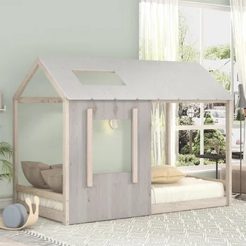 Drevo Twin Klasický Dom Platformu Posteľ s Strechy a Okien pre Deti, Šedá dieťa posteľ batoľa lôžko
