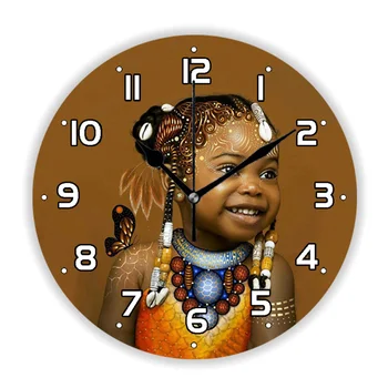 Roztomilý Pletená Čierny Dievča Nástenné Hodiny pre Dieťa, Spálne, detskej izbe Afro Art African American Princezná Veľké Nástenné Hodinky Domova Darček