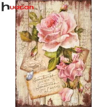 Huacan 2023 5D Diamond Maľovanie Kvet Diy Mozaiky Rose Text Kríž Výšivky Súprava Domáce Dekorácie 30x40cm