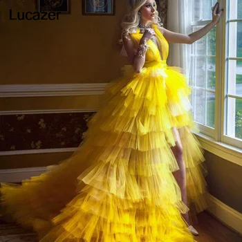 Elegantné Princezná Prom Šaty Vysoká Nízka Viazané Lístkového Žltá Tylu Dlhé Večerné Šaty Hlboko V Krku Prom Party Šaty Na Zákazku