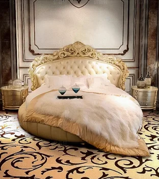 Európska luxusná manželská posteľ romantické francúzsky villa masívneho dreva hlavné posteľ klasické kožené kolo posteľ nábytok, sanita