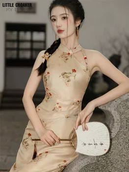 Nový Čínsky Štýl Mladých Qipao Retro Lepšiu Cheongsam Béžová Tlač dámske Letné Cheongsam Čínske Tradičné Šaty