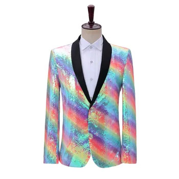 Muži Sequin Sako Rainbow Farebné Fáze Kostým Bunda, Šál Golier Postoj Grafické Oblečenie Tuxedo