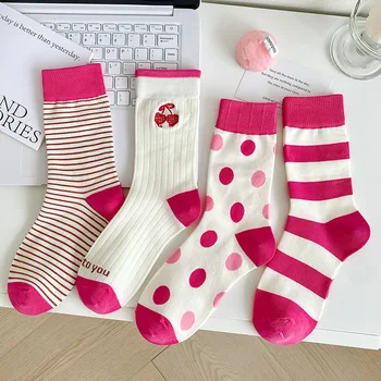 Nové Jesenné Zimné Ružové Plody Dizajnér Ponožky Dot Pruhom Uprostred Trubice Ponožky, Doplnky, Módne Kawaii Harajuku Ženy Ponožky Calcetines