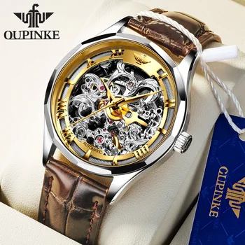 OUPINKE Luxusný Dizajn Skeletu Duté Sa Dial Sapphire pánske Hodinky Športové Nepremokavé Nové Mužov Automatické Mechanické Náramkové hodinky