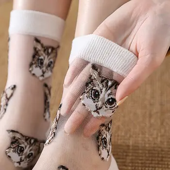 Ženy Transparentné Cute Cat Ponožky Kawaii Dámy Japonskej Módy Kórejský Letné Trendy Tenké Crystal Hodváb Ponožka Sklenené Vlákna, Osadenie
