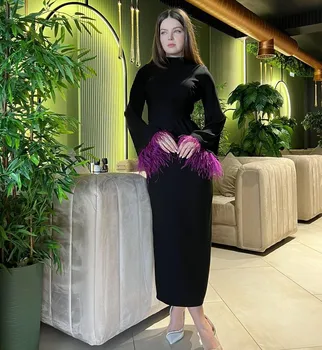 Fashionvane Členok Dĺžka Čierne Šaty Večerné Party Vysoký Golier Perie Dlhé Rukávy Arábia Ženy Nosia Prom Formálne Šaty
