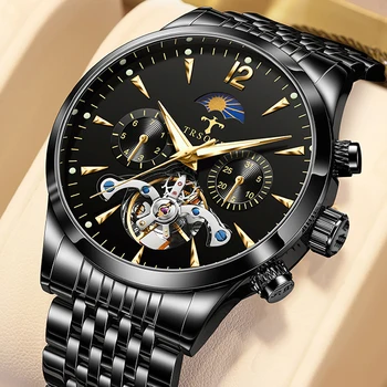 Top Značky Solid steel 100% Originálne Mechanické Náramkové hodinky pre Mužov Mesiac Dutý-out Luxusné Zlaté ruky TRSOYE 816