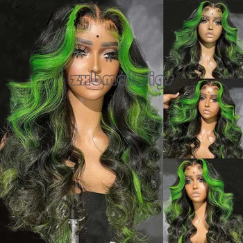 Zvýraznite Zelená Čierna Farebné Telo Vlna Prírodné Vlasové Glueless Syntetické Vlasy Predné Čipky Parochne Pre Ženy s Dieťaťom Vlasy Cosplay