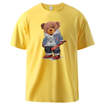 Street Baseball Teddy Bear Boy Tlač Tee Košele Mužov Posádky Krku Voľné Tričká Bavlnené Pohodlné Oblečenie Základné Originálne Tričká