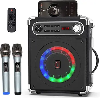 Karaoke Stroj s Dvoma Bezdrôtové Mikrofóny Prenosný Reproduktor s Bass/Treble Úprava PA Systém LED Svetlá pre TWS Strany