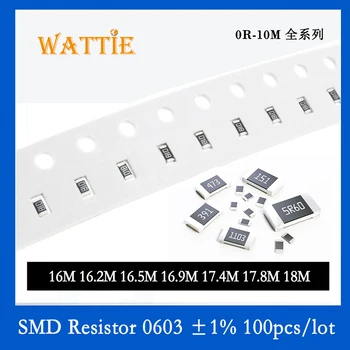 SMD Rezistora, 0603 1% 16M 16.2 M, 16.5 M 16.9 M 17.4 M 17.8 M 18 M 100KS/veľa čip odpory 1/10W 1,6 mm*0.8 mm Vysoké megohm