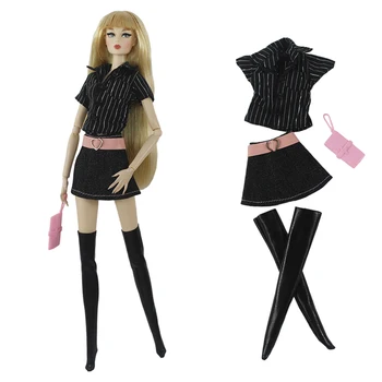Čierne Pruhované Vertikálne Módne Oblečenie Set Pre Bábiku Barbie Denim Tričko Krátke Sukne Kabelku Pančuchy Oblečenie 1/6 Bábiky, Príslušenstvo