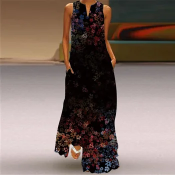 Dámy Jar Leto Čierne Dlhé Šaty bez Rukávov tvaru Voľné Kvetinový Tlač Plážové Šaty Strany Vintage Maxi Šaty Ženy