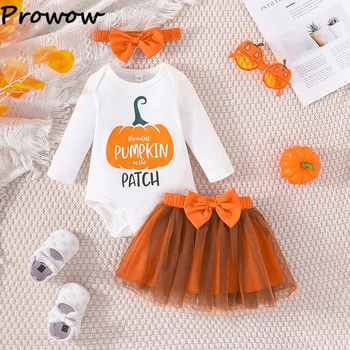 Prowow Baby Girl Halloween Oblečenie Tekvica List Romper+Bowknot Orange Tutu Sukne+Čelenka 0-18 M Novorodenca Dievča Halloween Kostým