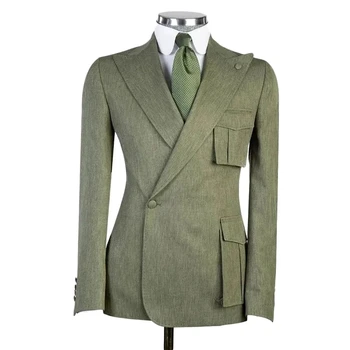 Army Zelená Muži Obleky 2 Kusy Nastaviť Spacial Vrecku Formálne Slim Fit Smoking Svadby Ženích Prom Farbou Blejzre, Nohavice Bunda