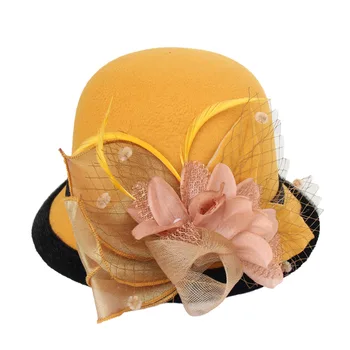 Jeseň Zima Fedoras Klobúk Pre Ženy Elegantný Retro 3D Kvetinové Vlny Dámy Klobúk Dome Cítil Svadobné Cirkvi Jazz Spp Žena Bowler