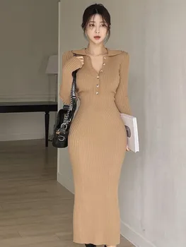 2023 kórejský Pevné Pletené Šaty Pre Ženy Jesenné Vinobranie Lady Štíhly Pás Svetre Zimné NOVÉ Dlhý Rukáv Jeden Kusov Župan
