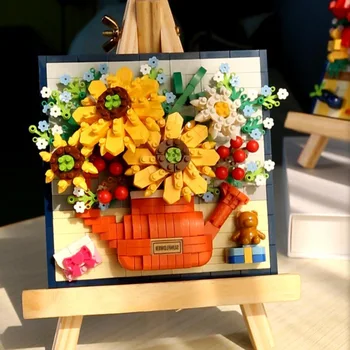 Slnečnice Kytice Budovy Hračka 3D Model kvetinovou Vôňou Ruže stavebným Tehly Hračka Domova Darčeky Kreatívne Hračky pre Dospelých