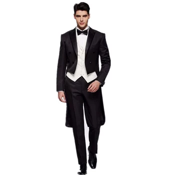 Taliansky Gentleman Štýl Čierne Svadobné Človek Dlho Tailcoat Ženícha Prom Tuxedos Formálne Pánske Obleky Terno Masculino (Bunda+Nohavice+Vesta)