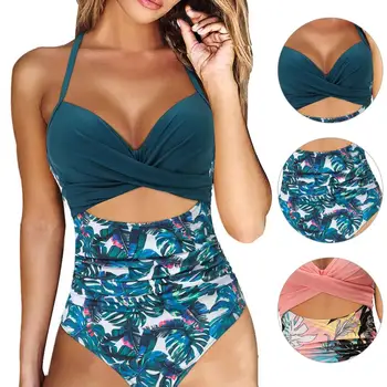 Jeden Kusov Kvetinový Tlač Bikini Set V Krku Chudá Plavky Ženy Pláž, Kúpanie Oblek Plávanie Kombinézu Plavky