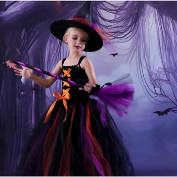 Detské Halloween Malé Čarodejnice Kostým Anime Oka Tutu Šaty s Klobúkom Metlu Nastaviť Deti Strany, Cosplay Kostýmy Dievčatá Šaty