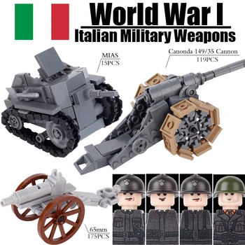 MOC WW1 taliansky MIAS Nádrž Stavebné Bloky Súpravy Dialo 65mm Horských Zbraň a Brnenie Auto Armády Vojaci Údaje Zbrane Tehly Hračky