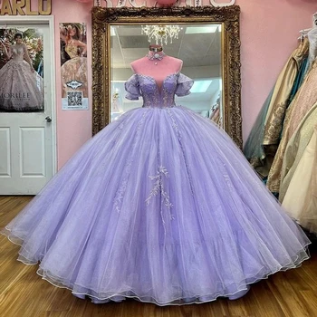 ANGELSBRIDEP Levandule Mexickej Quinceanera Šaty guľové Šaty Lištovanie Crystal Čipky Popoluška Formálne Princezná Vestidos De 15 Anos