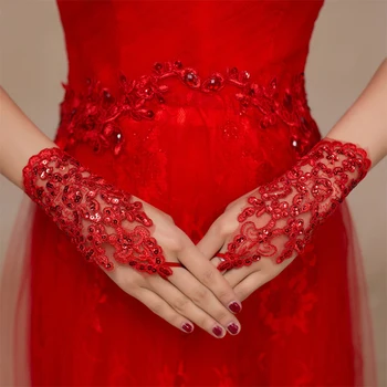 1 Pár Červená, Biela Farba, Krátke Elegantné Rukavice bez prstov Rukavice pre Ženy Drahokamu Svadobné Čipky Rukavice Svadobných Doplnkov