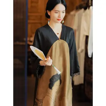 Ťažký Priemysel Orientálnou Satin Geisha Vytlačené Dlhý Rukáv Cheongsam Šaty Elegantné Ženy Voľné Bežné Vietnamskej Šaty