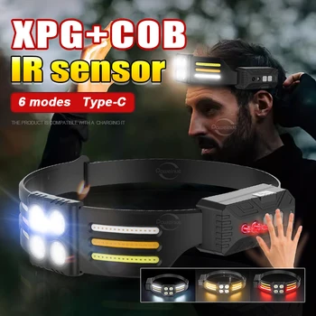 Super Jasné XPG+COB LED Reflektor Vysoký Výkon Osvetlenia IR Senzor Vedúci svetlo USB Nabíjateľné Svetlomet Hlava-montáž Camping Svetlá