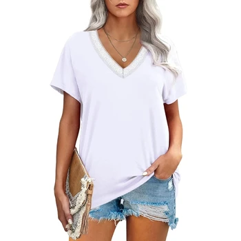 Ženy Krátke Sleeve T-Shirts Kontrast Čipkou Trim Tvaru Farbou Topy, Blúzky