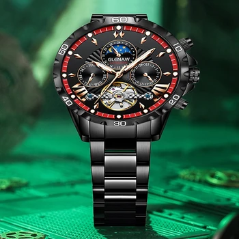 GLENAW Business Štýle Automatické Hodinky Mužov Black Dial Mechanické Náramkové hodinky S Kalendárom Luminou Ukazovatele mesačné Fázy Sledovať 2023