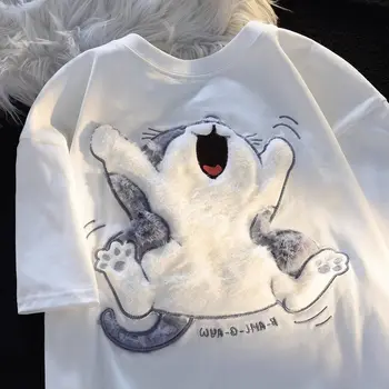 Rozkošný Kreslených Mačka Plyšové Výšivky Krátky Rukáv T-Shirt Ženy Letné Módy Roztomilý a Všestranný Top nadrozmerné t shirt y2k top