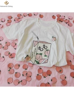 Peach Šťavy Japanses Estetické Grunge T-Shirt Ženy, Dievčatá 90. rokov Kawaii White Tee Lete Bežné Tumblr Oblečenie, Móda, Top