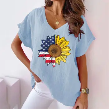 Dámske Letné Fashion T-shirt 3D Slnečnice Tlače V-krku-Krátke rukávy Top Každodenné Bežné Ulici Pulóver Žien T-shirt