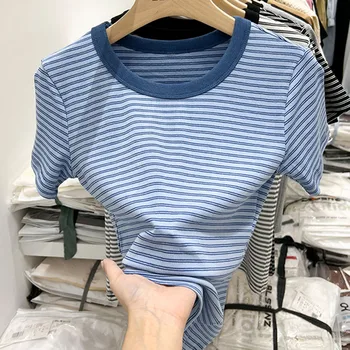 Modré Pruhované Tričko Pre Ženy 2023 Letné Dámske Oblečenie Krátke Rukáv Top Mujer Bavlnené Tričká Lady Príležitostné O-krku Camisetas