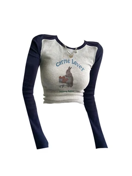 Ženské Patchwork Grafické Tlače T-Shirt kórejský Y2k T-Shirt 90. rokov Módne Vintage Dlhý Rukáv O-Neck Tričká Top Šaty Letné