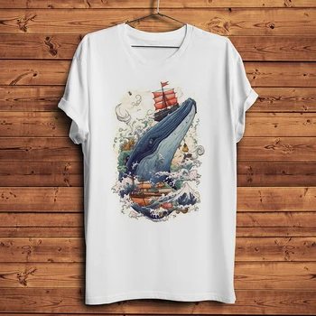 vintage ukiyo Búrlivý Oceán veľryba vlna Vtipné Tričko Mužov Homme o-krku Krátky Rukáv Bežné Tričko Unisex Streetwear T Shirt Priedušná