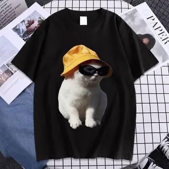 Roztomilý Vedierko Hat Cat Graphic Print T Shirt Mužov a Žien Vysokú Kvalitu Čistej Bavlny, T Košele Módne Bežné Kawaii T-shirt Streetwear