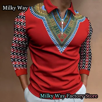 Letné Mužov Vintage Polo Tričko Muž Zase Dole Golier Na Zips Topy&Tees Módne Dashiki Oblečenie Muž Afriky Totem Streetwear