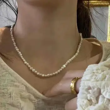 Cudzie perlový náhrdelník s malými a luxusné ryže, obilia dizajn a kľúčnu kosť reťazca