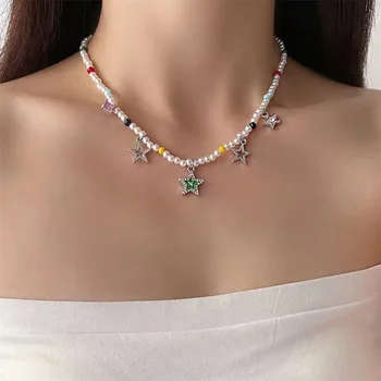BOHO NÁHRDELNÍK Kórea Harajuku Pearl Korálkové Pentagram Náhrdelník Prívesok Pre Páry Bohemian Crystal Farebné Šperky